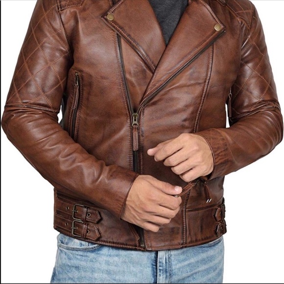 🎾 Real leather brown bomber moto jacket new - Picture 3 of 7